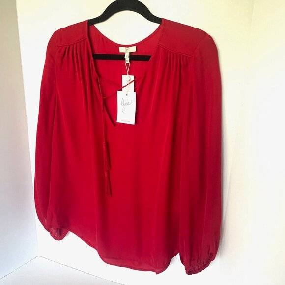 Joie Odelette Silk Top Womens Medium Red V Neck Tassel Ties Long Sleeve Blouse - Picture 5 of 10